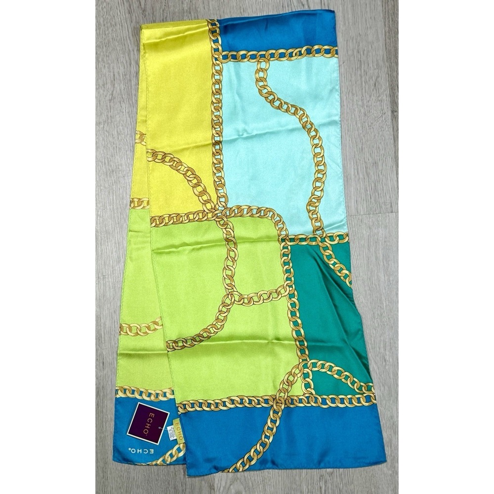 Echo Rectangular Silk Scarf Head Neck Shawl Retro Color Block Chains 52" X 11"